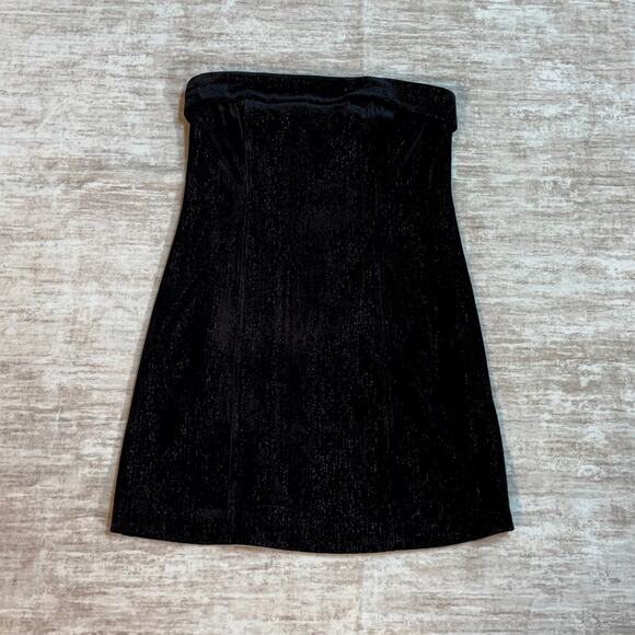 Urban Social Women Small Black Silver Metallic Velvet Strapless Midi Dress Retro - Picture 1 of 8